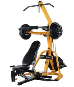 A yellow and black home gym machine equipped with weights, a bench, and a pull-up bar. It has various attachments for different exercises and is designed for strength training.
