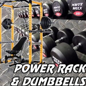Image of a power rack with a bench and various weights on a diamond plate background. Dumbbells and weight plates are labeled Power Maxx. Text at the bottom reads Power Rack & Dumbbells.