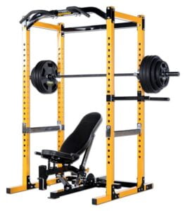Yellow Powertec Power Rack with bench and barbells