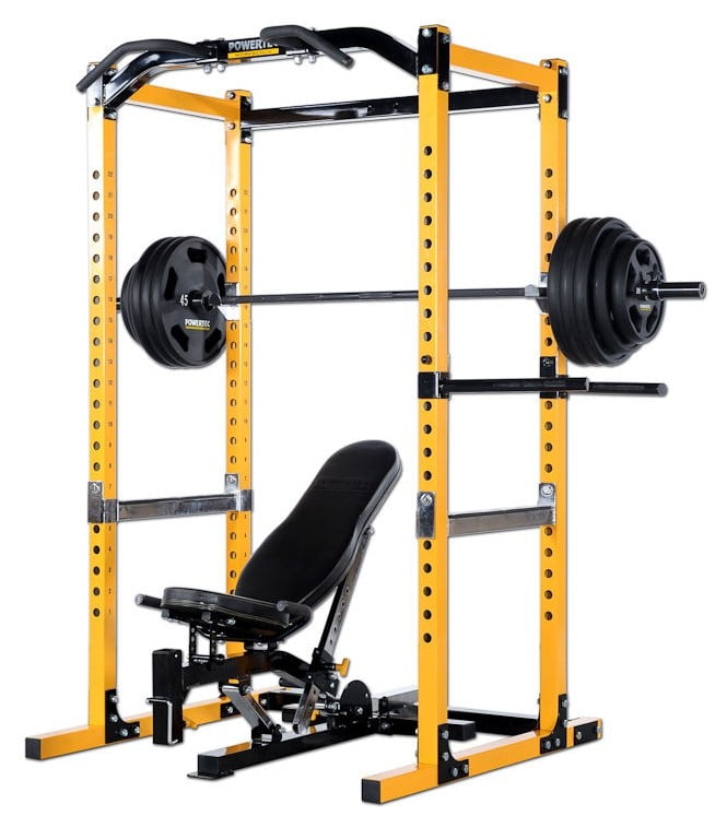 Yellow Powertec Power Rack with bench and barbells