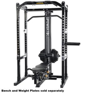 Powertec Fitness equipment featuring a black weight rack with adjustable bench and weight plates attached. The setup is designed for strength training. Text at the bottom states Bench and Weight Plates sold separately.