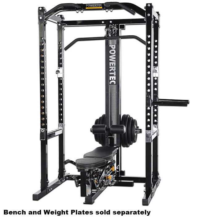 Powertec Fitness equipment featuring a black weight rack with adjustable bench and weight plates attached. The setup is designed for strength training. Text at the bottom states Bench and Weight Plates sold separately.