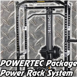 A Powertec power rack system in a gym setting with a metallic textured background. The image showcases a weightlifting setup with adjustable bars and weight plates. Text overlay reads POWERTEC Package Power Rack System..