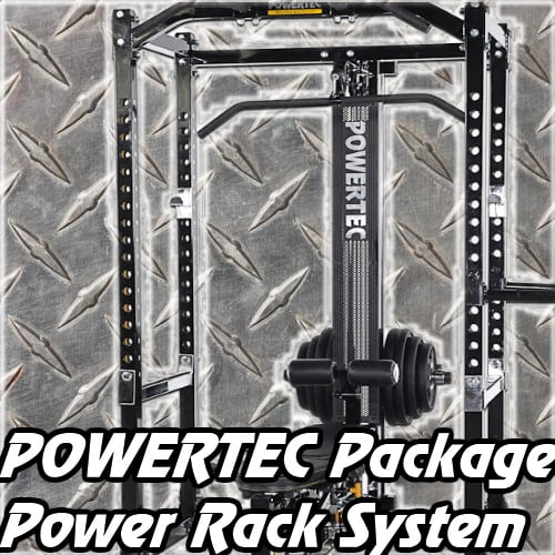 A Powertec power rack system in a gym setting with a metallic textured background. The image showcases a weightlifting setup with adjustable bars and weight plates. Text overlay reads POWERTEC Package Power Rack System..