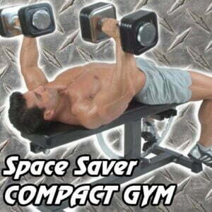 A person performs a dumbbell press on a bench in a gym. The background features a metal diamond plate design. Text reads Space Saver COMPACT GYM in stylized font. The person is muscular and wears shorts.