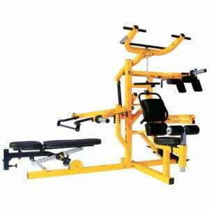 A yellow multi-station home gym featuring a weight bench, leg extension, arm curl pad, lat pull-down bar, and various workout components for strength training.