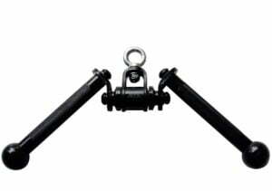 Close-up of a black, double-grip gym attachment with textured handles and a central swivel eye loop for cable machines. The attachment features cylindrical handles with rounded ends, designed for strength training exercises.
