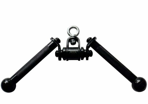 Close-up of a black, double-grip gym attachment with textured handles and a central swivel eye loop for cable machines. The attachment features cylindrical handles with rounded ends, designed for strength training exercises.