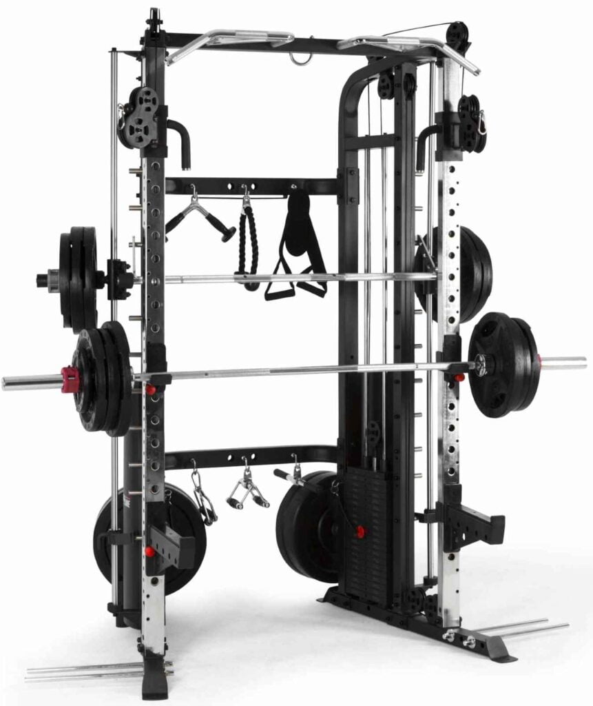 A weightlifting machine equipped with multiple bars, pulleys, and weights. It features a smith machine barbell and various attachments, suitable for a full-body workout. The setup includes weight plates on a rack for training versatility.