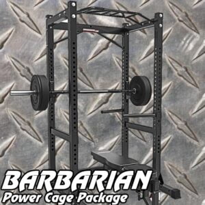 A black power cage with an attached bench press, loaded with weights on a barbell. The cage is set against a textured metallic background. The text BARBARIAN Power Cage Package is displayed at the bottom.