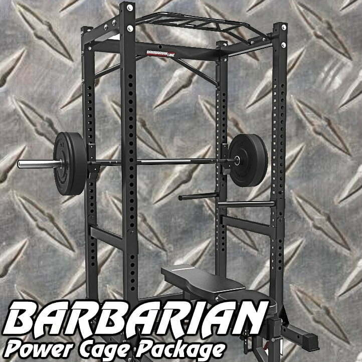 A black power cage with an attached bench press, loaded with weights on a barbell. The cage is set against a textured metallic background. The text BARBARIAN Power Cage Package is displayed at the bottom.