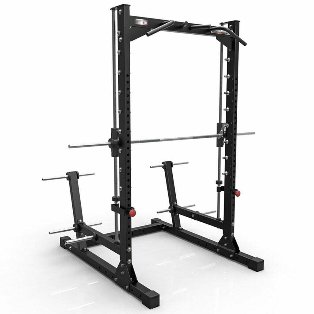 A black power rack with a pull-up bar and barbell resting on adjustable hooks is shown. It has safety catch bars and plate storage pegs on each side. The rack is standing on a flat surface, ready for weightlifting exercises.