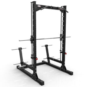 A black power rack with a pull-up bar and barbell resting on adjustable hooks is shown. It has safety catch bars and plate storage pegs on each side. The rack is standing on a flat surface, ready for weightlifting exercises.