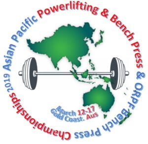 Logo for the 2019 Asian Pacific Powerlifting & Bench Press Championships. It features a map of Asia-Pacific with a barbell over it, surrounded by event details and dates: March 12-17, Gold Coast, Australia.