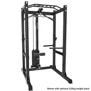 Power rack with adjustable weight stack, pull-up bar, and dip bars, designed for strength training. The unit is black with multiple attachment points and a 125kg optional weight stack, set against a white background.