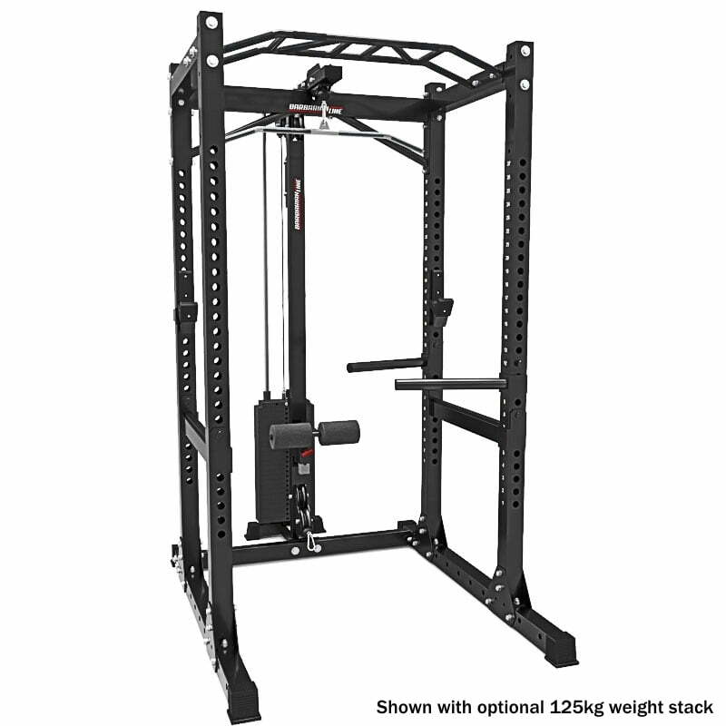 Power rack with adjustable weight stack, pull-up bar, and dip bars, designed for strength training. The unit is black with multiple attachment points and a 125kg optional weight stack, set against a white background.