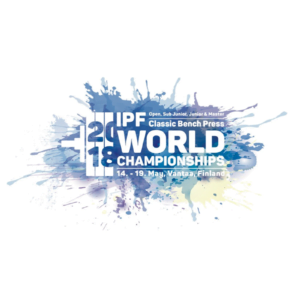 Logo for the 2018 IPF World Championships in Classic Bench Press. The text is over a watercolor splash background, with the event details: 14-19 May, Vantaa, Finland.