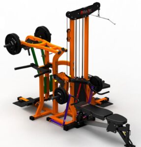 A multi-functional gym equipment setup with orange and black components, featuring a bench, weight plates, cables, and pulleys, designed for strength training exercises.