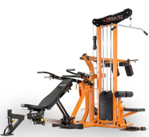 An orange and black multifunctional home gym machine with multiple attachments, including a bench, weight stack, pulleys, and bars, designed for various strength training exercises.