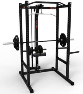 A black power rack with adjustable bars, weight plates, and a lat pull-down attachment, set against a white background. The equipment is designed for various strength training exercises.