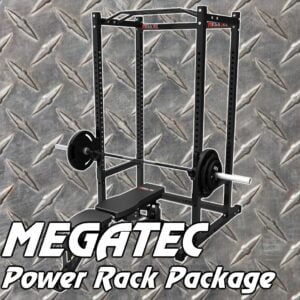 The image shows a Megatec power rack with a bench and barbell set on a diamond plate steel background. The text MEGATEC Power Rack Package is displayed in the lower left corner.