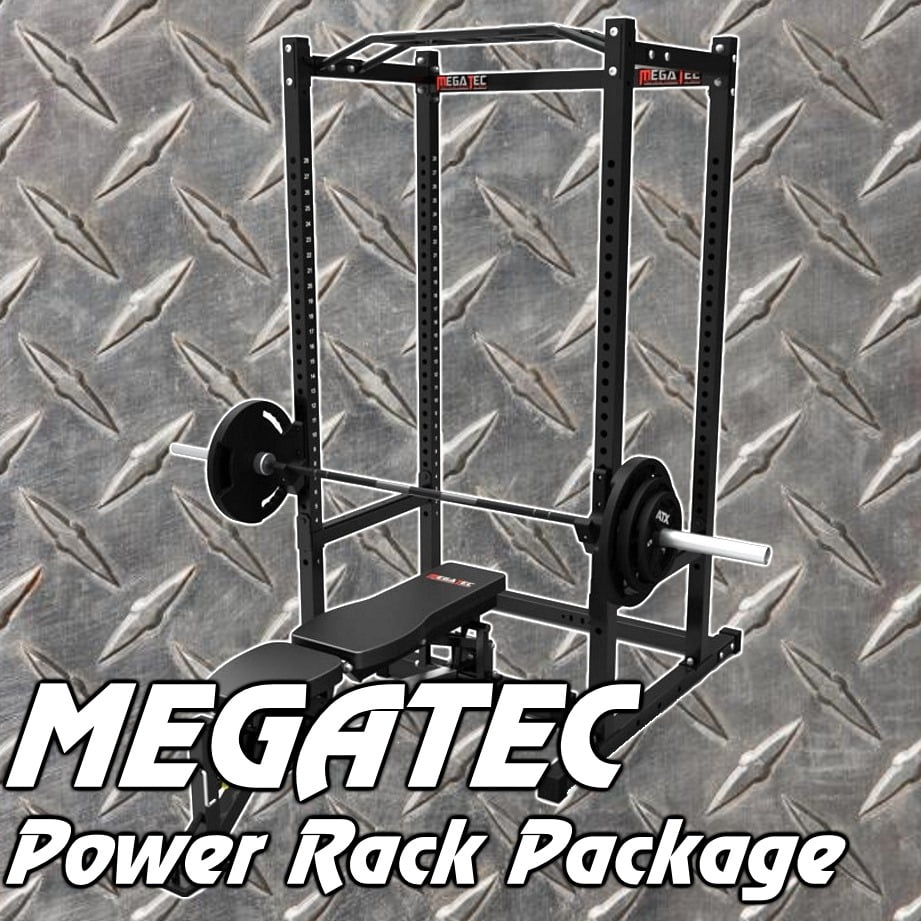 The image shows a Megatec power rack with a bench and barbell set on a diamond plate steel background. The text MEGATEC Power Rack Package is displayed in the lower left corner.