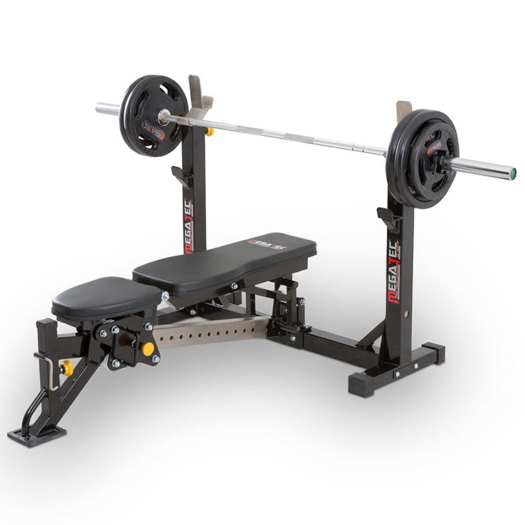 A weight bench with an adjustable back and attached barbell rack, perfect for those consulting a bench press buying guide. It features a loaded barbell with weights on each side, predominantly black design, and sturdy metal frame adorned with visible brand logos.