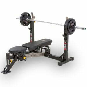 A weight bench with an adjustable back and attached barbell rack, perfect for those consulting a bench press buying guide. It features a loaded barbell with weights on each side, predominantly black design, and sturdy metal frame adorned with visible brand logos.