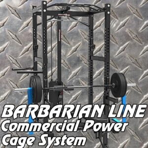 A commercial power cage system with a black metal frame and adjustable barbell, set against a textured, metallic background. The text BARBARIAN LINE and Commercial Power Cage System is displayed prominently at the bottom.