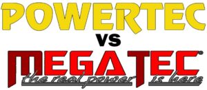 Bold yellow text reads POWERTEC above bold red text that reads MEGATEC. The words are centered with VS between them. Below MEGATEC, smaller script reads the real power is here.