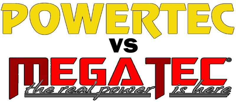 Bold yellow text reads POWERTEC above bold red text that reads MEGATEC. The words are centered with VS between them. Below MEGATEC, smaller script reads the real power is here.