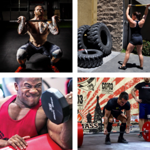 A collage of four fitness scenes: top-left shows a man doing a squat, top-right features a woman lifting weights outside near tires, bottom-left depicts a man curling a dumbbell intensely, and bottom-right has a man preparing to lift a barbell.