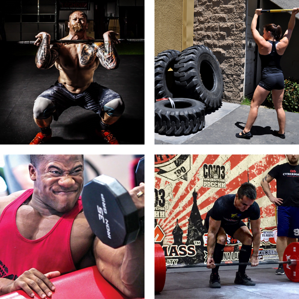 A collage of four fitness scenes: top-left shows a man doing a squat, top-right features a woman lifting weights outside near tires, bottom-left depicts a man curling a dumbbell intensely, and bottom-right has a man preparing to lift a barbell.