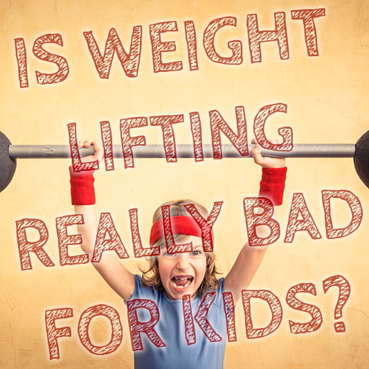 A child holding a barbell with a surprised expression. Large text overlay reads, Is weight lifting really bad for kids? Background is a warm, textured yellow.
