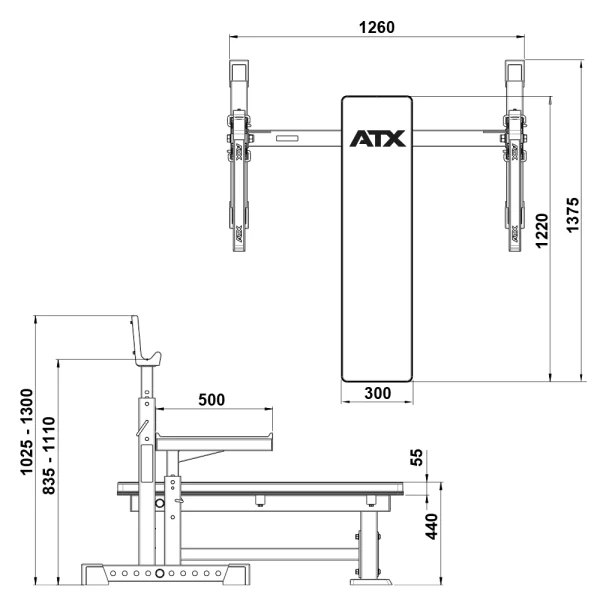 Side and top view technical drawing of the ATX® Olympic Bench Press 700, displaying dimensions in millimeters with highlighted height, length, width, and adjustable points of the bench and its parts.
