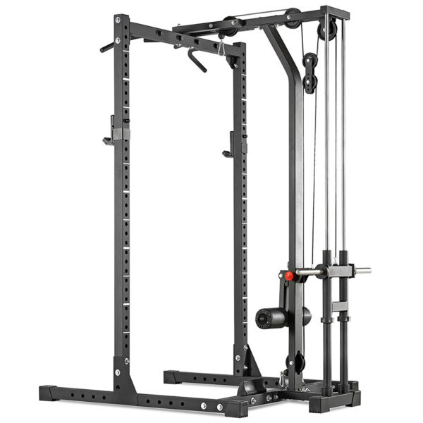 The ATX® Half Rack is a black multifunctional power rack featuring a pull-up bar, cable system, and adjustable weight pegs. Its sturdy design makes it ideal for strength training exercises like squats, bench presses, and pull-ups.