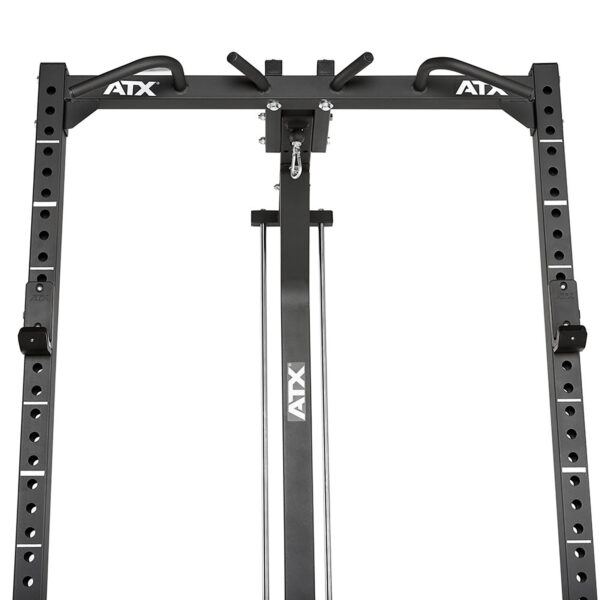 The ATX® Half Rack is black, features adjustable brackets and a multi-grip pull-up bar. The frame has holes for accessory attachments or height adjustments, perfect for strength training.