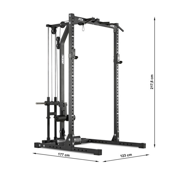 The ATX® Half Rack is a black power rack featuring a pulley system and adjustable components. It measures 177 cm in width, 123 cm in depth, and stands 217.5 cm tall, making it ideal for diverse strength training exercises.