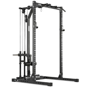 The ATX® Half Rack is a sturdy black power cage with adjustable weightlifting attachments, including cable pulleys, safety bars, and a pull-up bar. It features multiple holes for customization and is suitable for home or gym strength training.