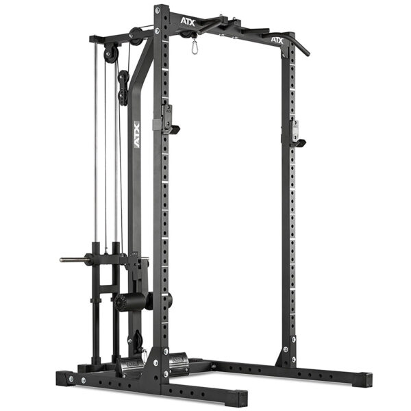 The ATX® Half Rack is a sturdy black power cage with adjustable weightlifting attachments, including cable pulleys, safety bars, and a pull-up bar. It features multiple holes for customization and is suitable for home or gym strength training.