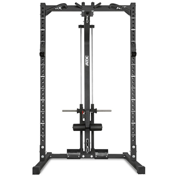 The ATX® Half Rack is a black power rack for strength training, equipped with an adjustable cable system and barbell holder. It offers multiple height adjustment holes and a sturdy base for stability.