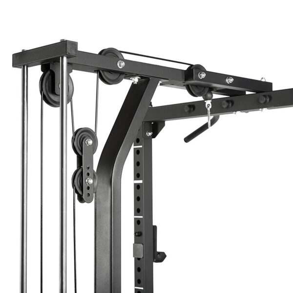Close-up view of the ATX® Half Rack home gym with pulleys and adjustable cables. Featuring a sturdy black metal frame, it provides a versatile apparatus for strength training exercises.