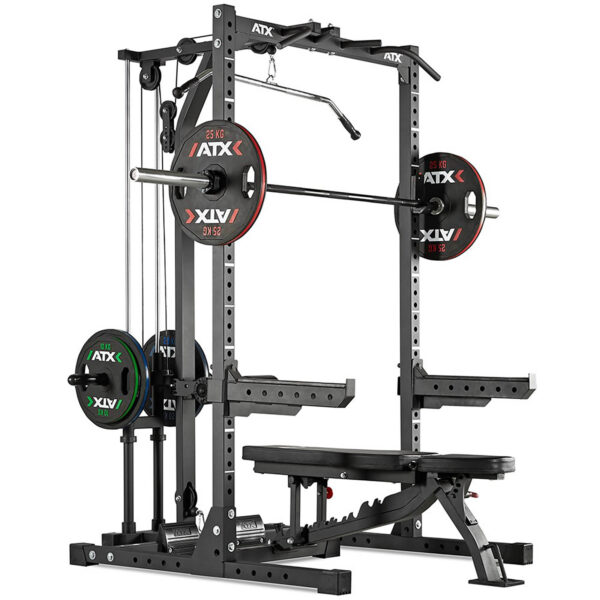 The ATX® Half Rack is a multifunctional home gym setup, including a squat rack with a barbell, weight plates, adjustable bench, and pull-down cable attachment.