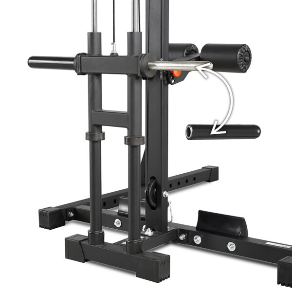 Close-up of the black metal ATX® Half Rack gym machine featuring padded handles and foot holders. An arrow highlights the detachable handle for adjustability, while the base includes sturdy supports and bolts.