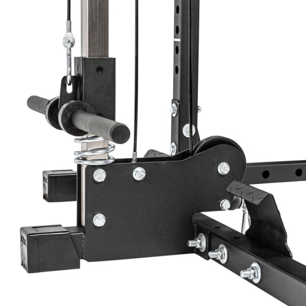 Close-up of the ATX® Lat Option 510 195cm, a home gym cable pulley system featuring black metal components, cables, and screws for adjusting equipment designed for strength training exercises.
