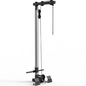 The ATX® Lat Option 510 195cm is a home gym pulley machine featuring a vertical metal frame, adjustable weights, and a cable system. It includes chains, handles, and base foot platforms for upper body workouts.