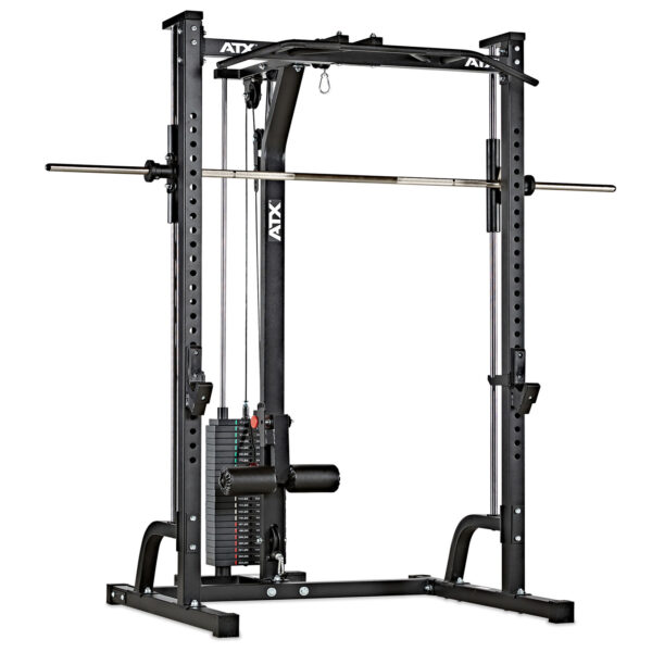 The ATX® Smith Machine System features a black power rack with integrated cable machine and barbell, including adjustable pulleys, 115 kg weight stacks, and safety bars, perfect for diverse strength training exercises.