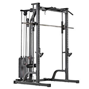 The ATX® Smith Machine System Stack Weight 115 kg is a versatile gym machine with weight stacks, a pull-up bar, and adjustable cables, ideal for strength training exercises such as weightlifting and resistance training.