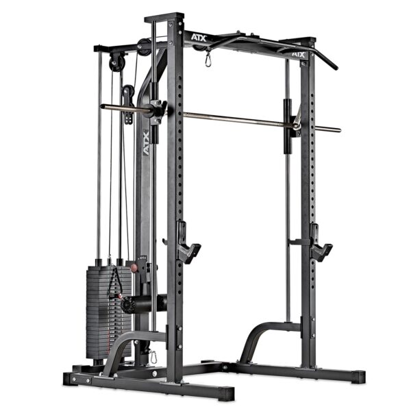 The ATX® Smith Machine System Stack Weight 115 kg is a versatile gym machine with weight stacks, a pull-up bar, and adjustable cables, ideal for strength training exercises such as weightlifting and resistance training.