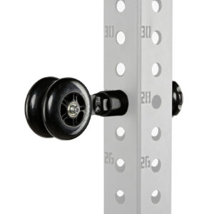 Close-up of an ATX® Mobility Roller in black on a white perforated metal rack with numbered holes for alignment, mounted on a swivel bracket.